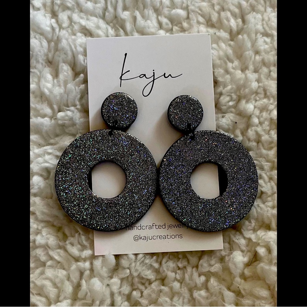 ✨ HP ✨ Holographic Glitter Hoop Earrings, Long Dangle Clay Earrings ✨